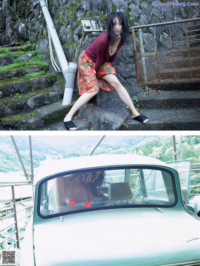 A woman sitting on top of a green car.