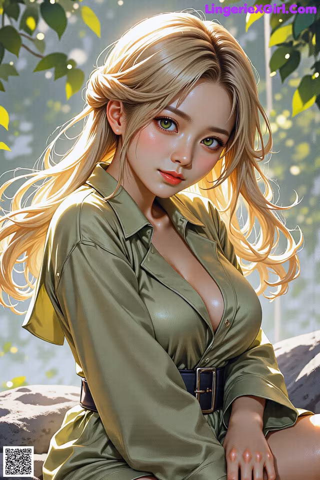 A woman in a green dress sitting on a rock.