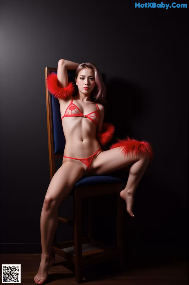 A woman in a red lingerie sitting on a chair.