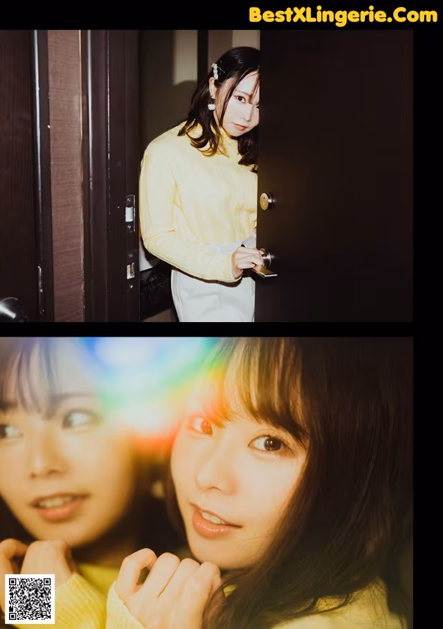 A woman in a yellow sweater is looking at the camera.