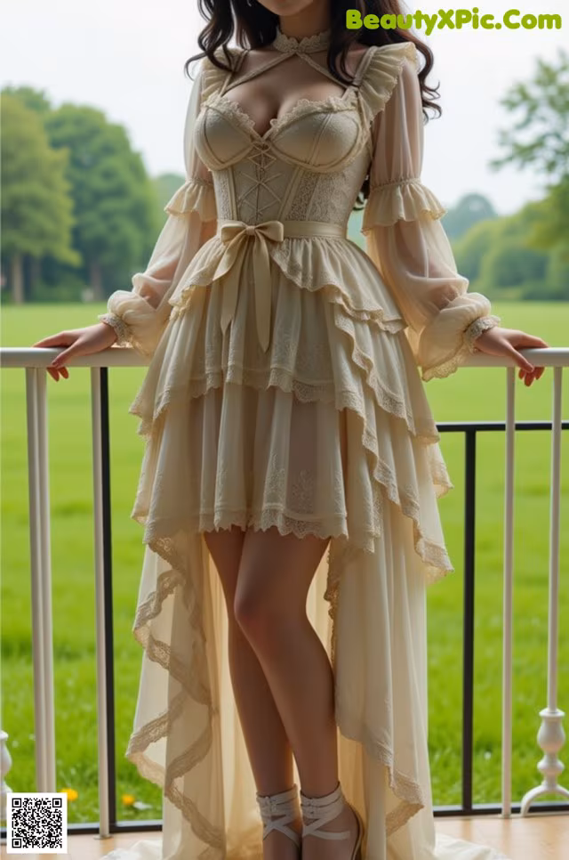 A woman in a white dress standing on a balcony.