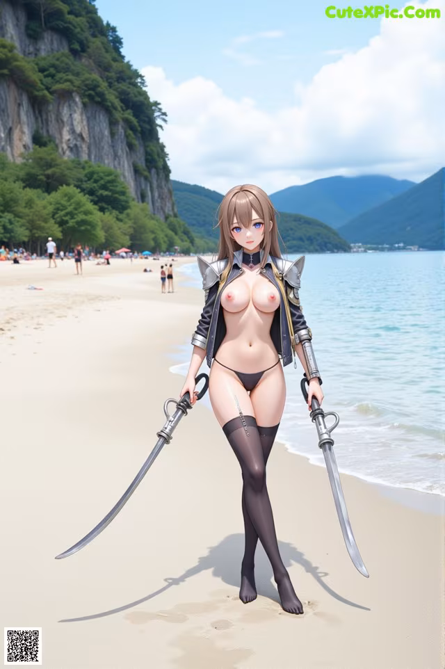 A woman in a bikini holding two swords on a beach.