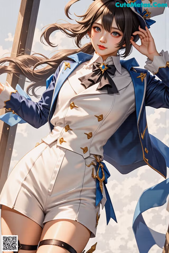 A woman in a white and blue outfit is posing for a picture.
