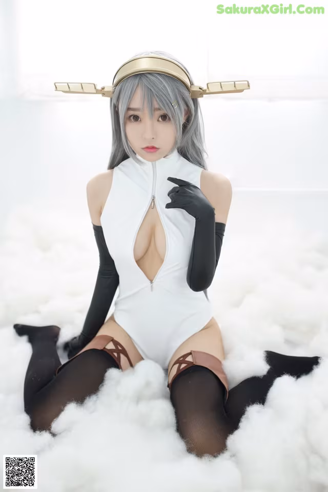 A woman in a white bodysuit sitting on a cloud.