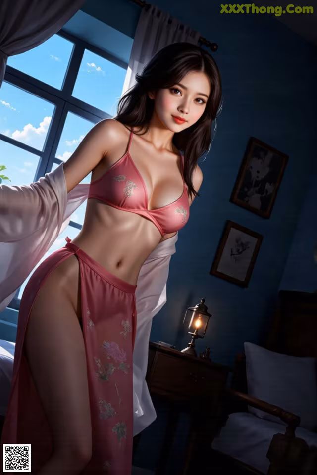 A woman in a pink lingerie standing in front of a window.