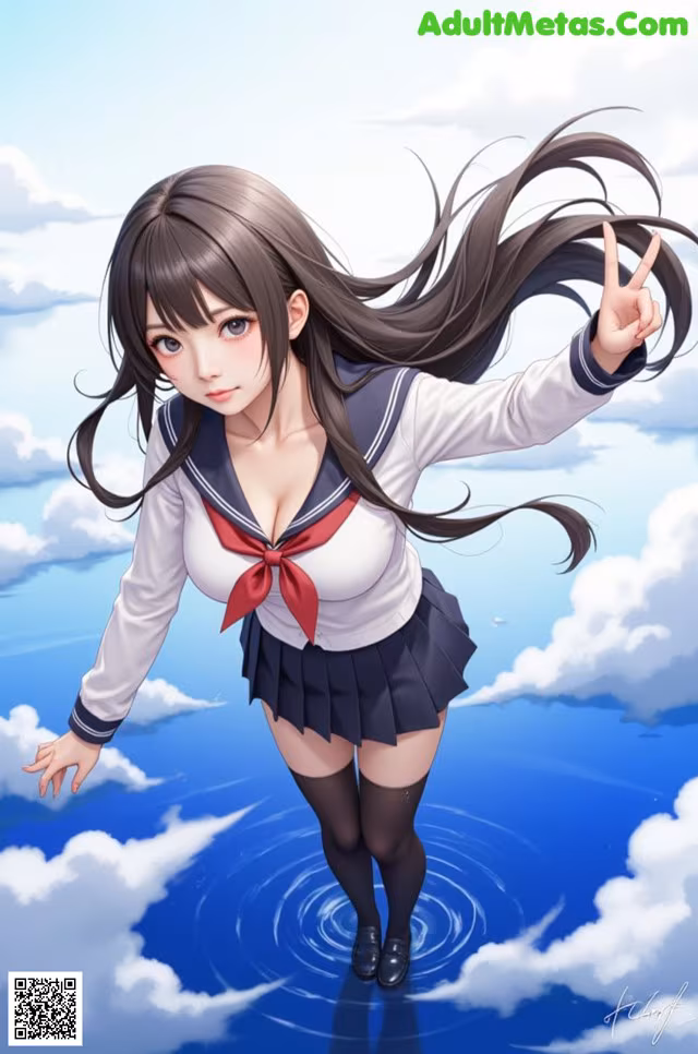 A girl in a school uniform is standing in the water.
