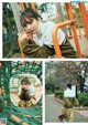 A collage of photos of a girl sitting on a playground.