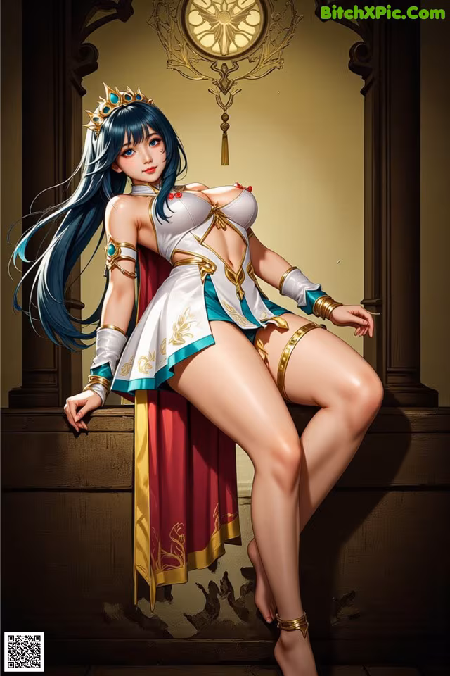 A woman in a white and blue outfit sitting on a ledge.