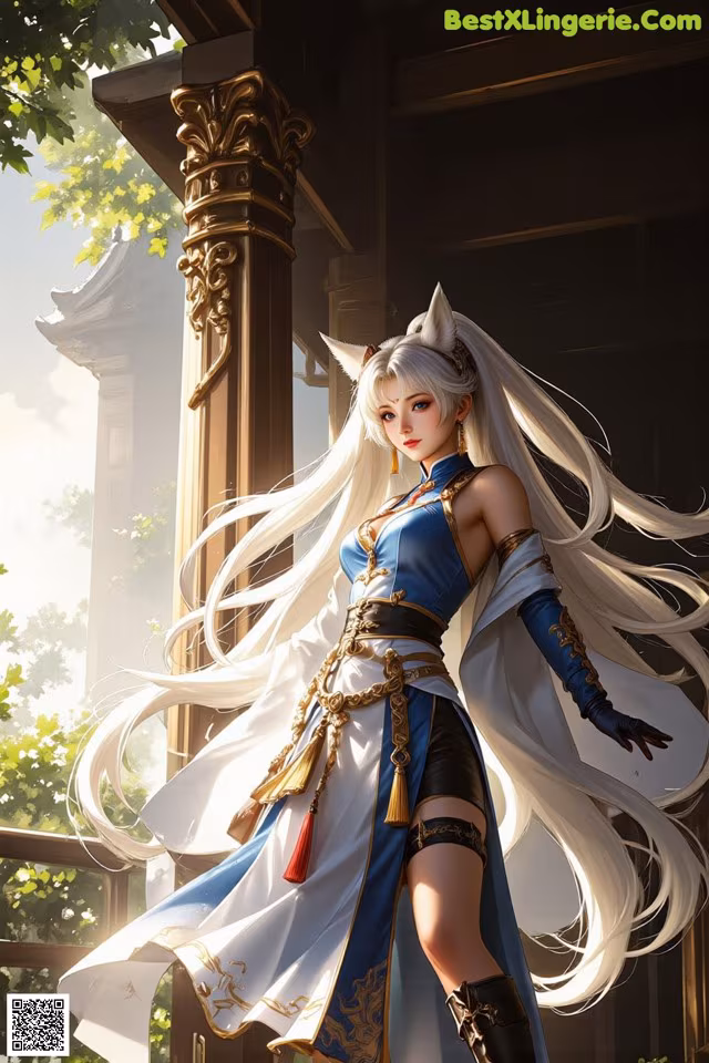 A woman with long white hair standing in front of a building.