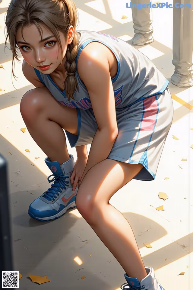 A girl in a basketball uniform crouching down on the ground.