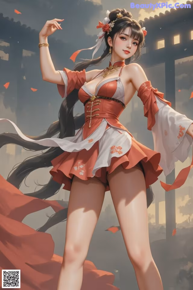 A woman in a red and white dress is dancing.