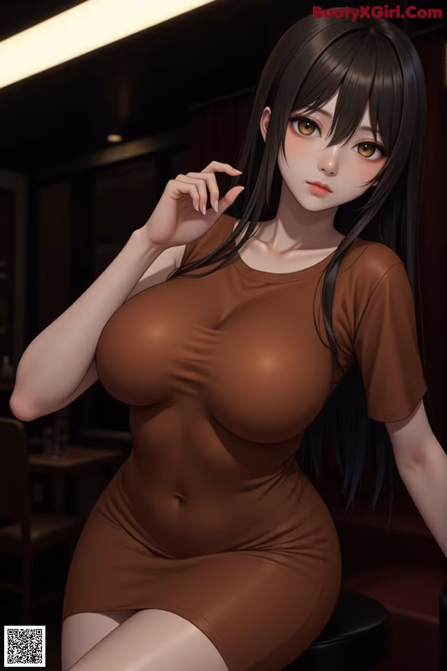 A woman in a brown dress sitting on a stool.