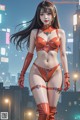 A woman in a red bikini standing in the middle of a city.