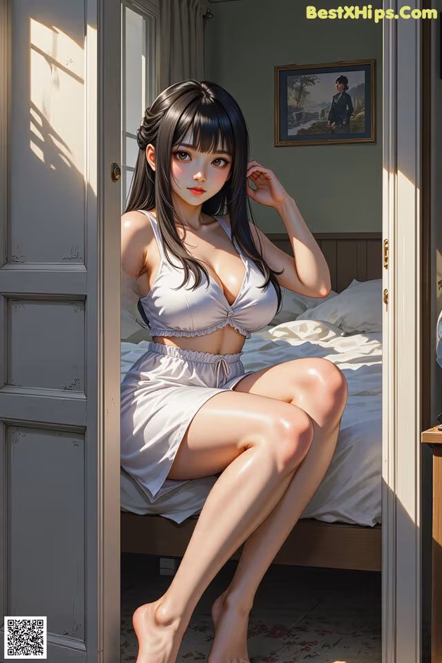 A woman sitting on a bed in a bedroom.
