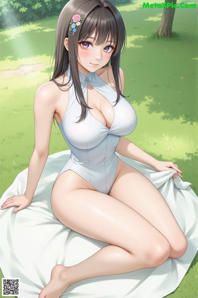 A woman in a white bathing suit sitting on a blanket.