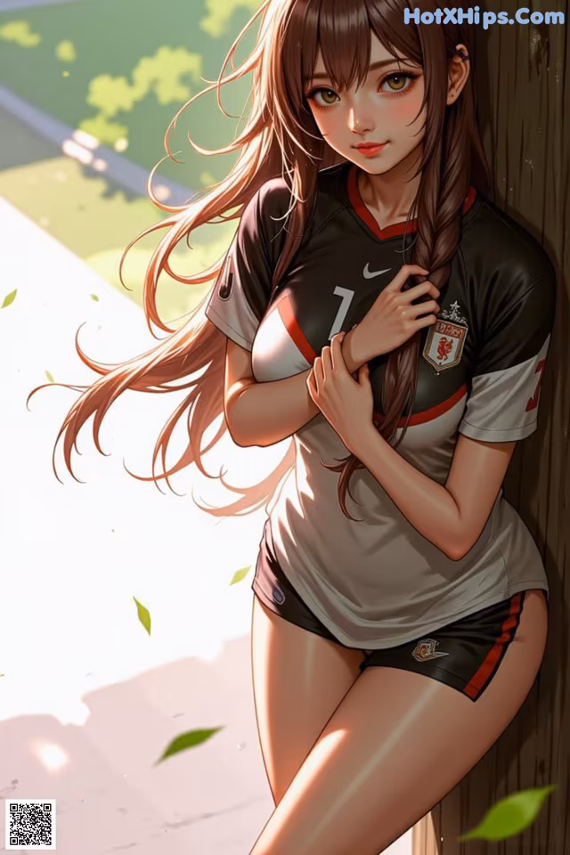 A girl in a soccer uniform leaning against a wall.